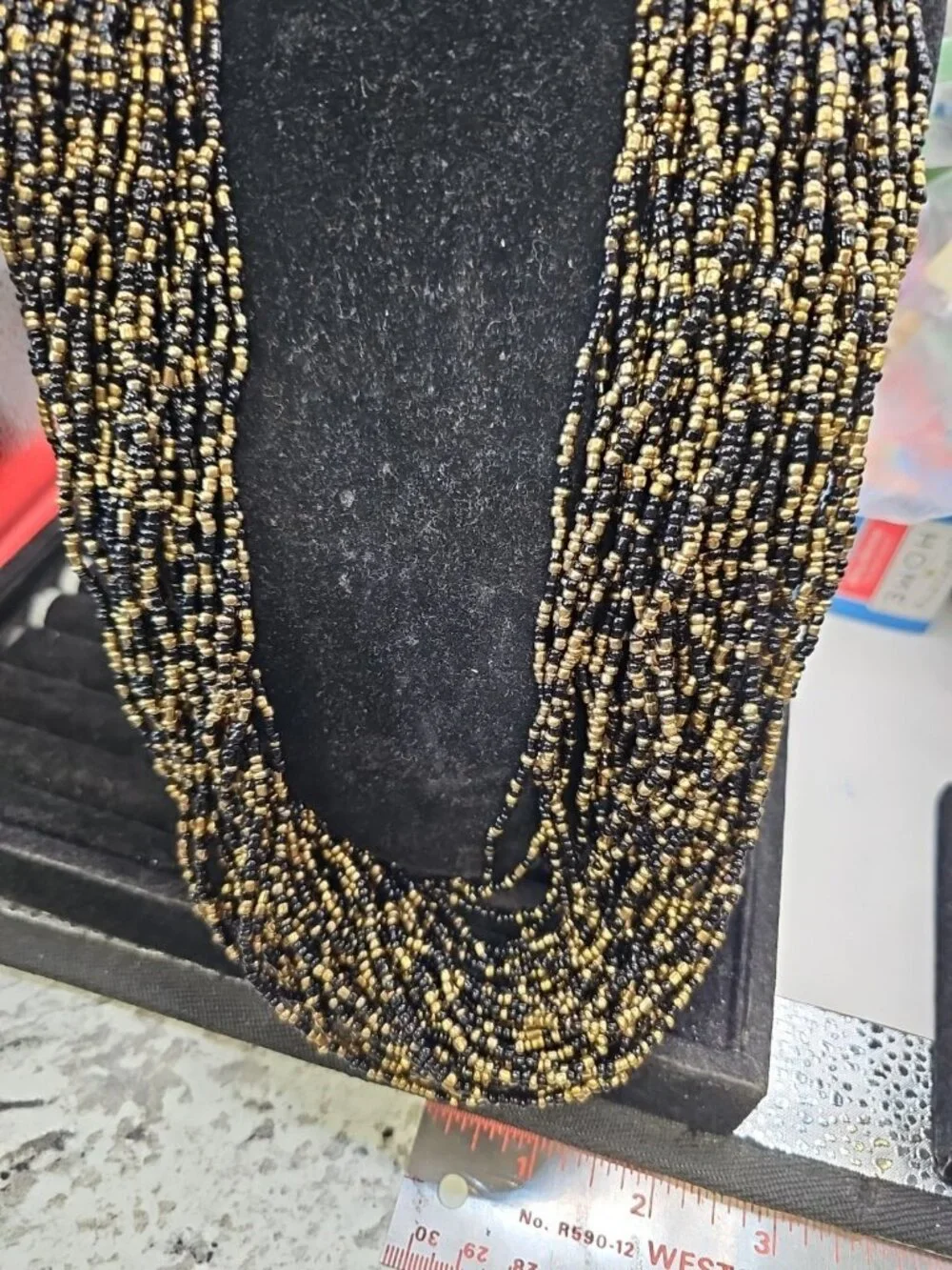 Multi strand necklace women black /gold Glass Seed Beads Loop & ball Closure...
